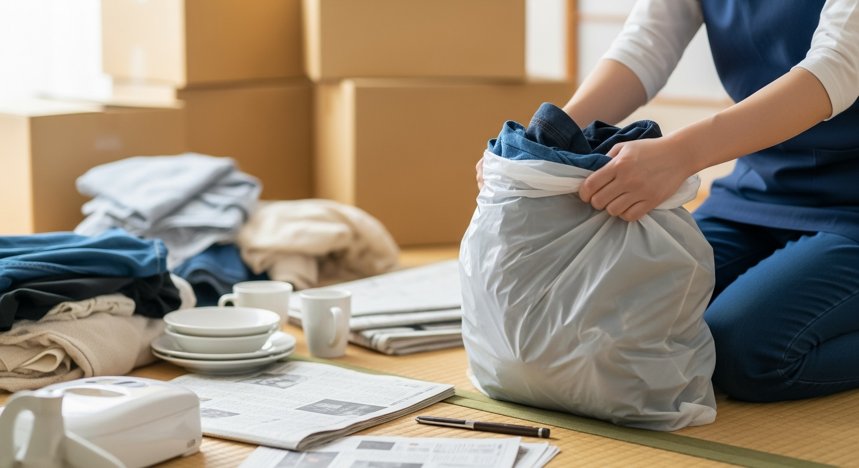 残置物撤去の作業スタッフが家具を搬出している様子